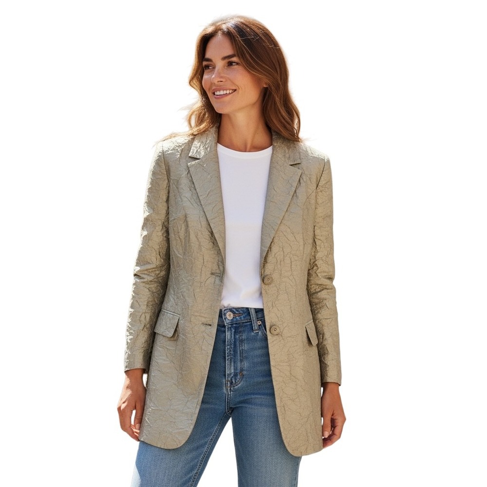 EILEEN FISHER Textured Silk Blend Blazer Gold‎ Womens M Wrinkle Effect Longline